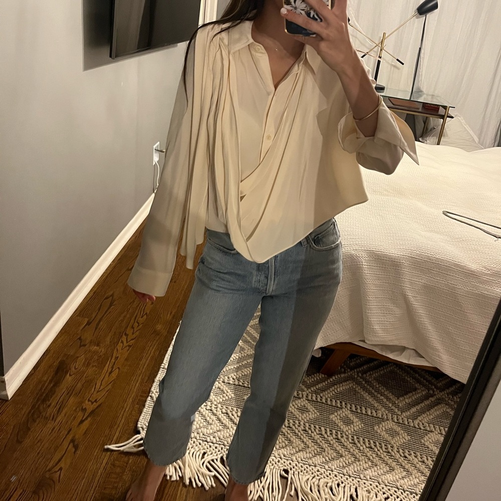 Leith slouchy white silk button down blouse customizable shoulder sash / bow XS